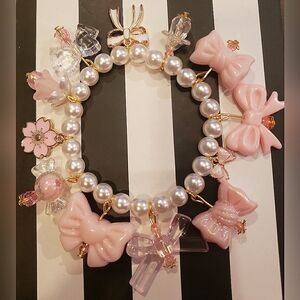 Handmade Cute Bracelet With Pink Bow Beads & Flower Charms & Flower Beads